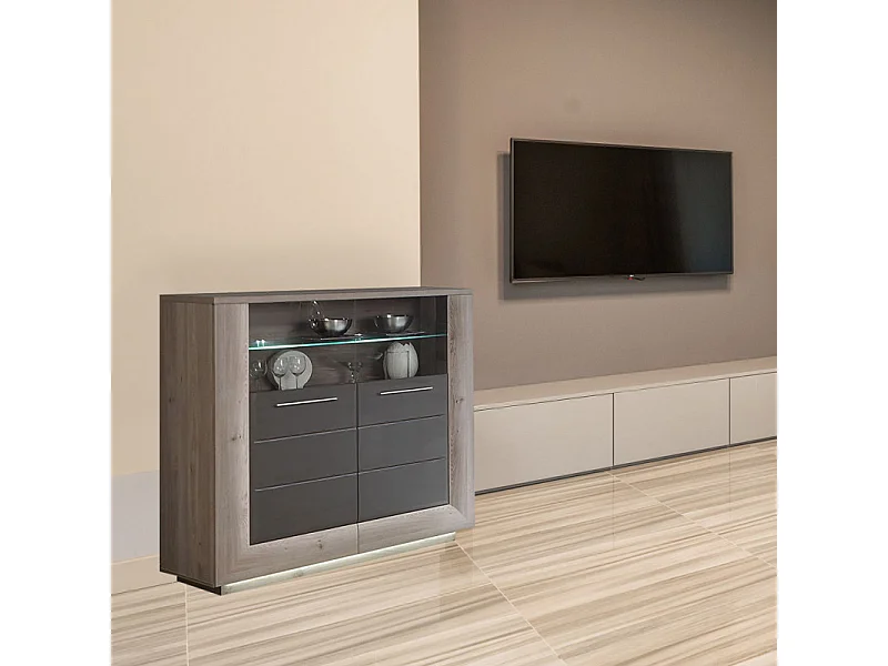 Vitrine décor bois avec vitrage verre trempé et poignées métal - SHERA