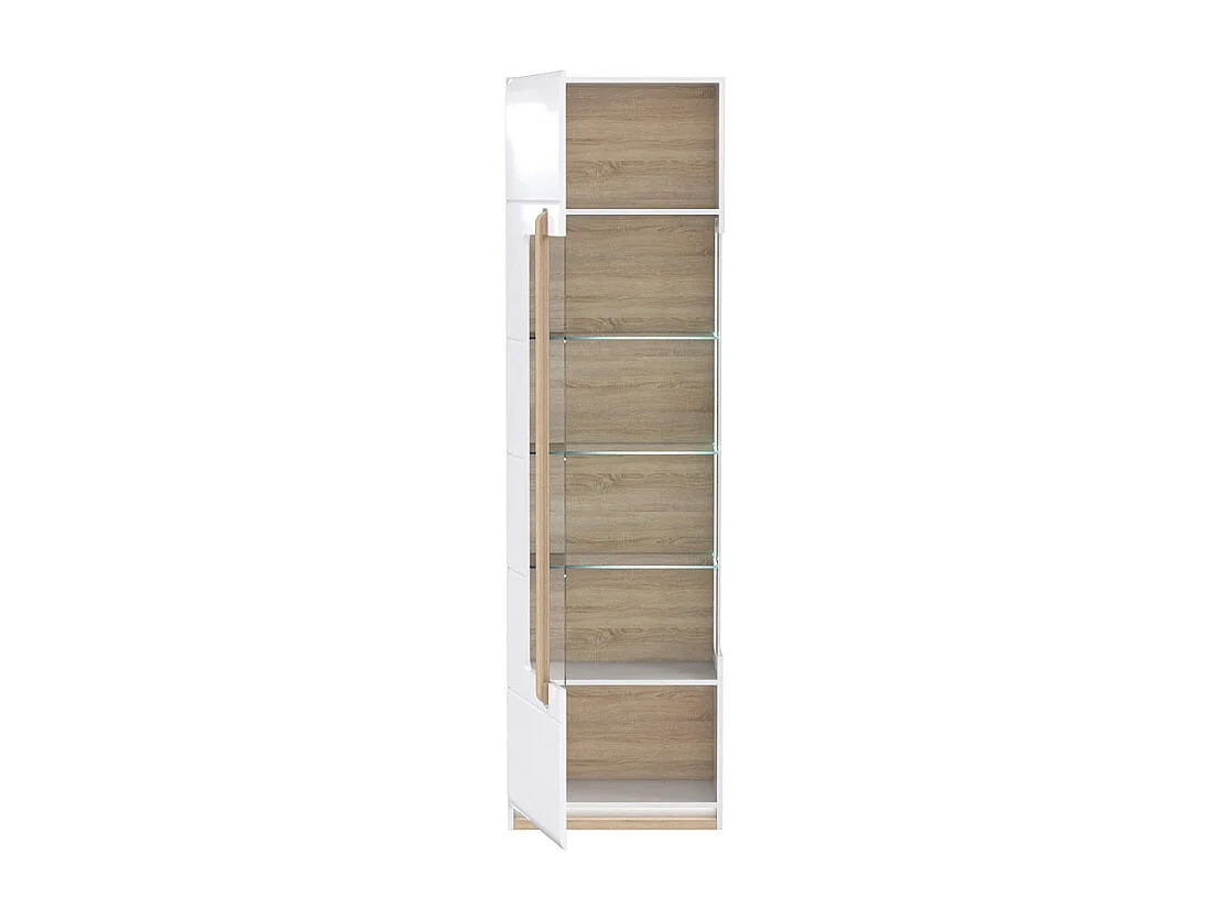 Vitrine 209 cm 1 porte blanc laqué décor bois clair et LED - ALEXIANE