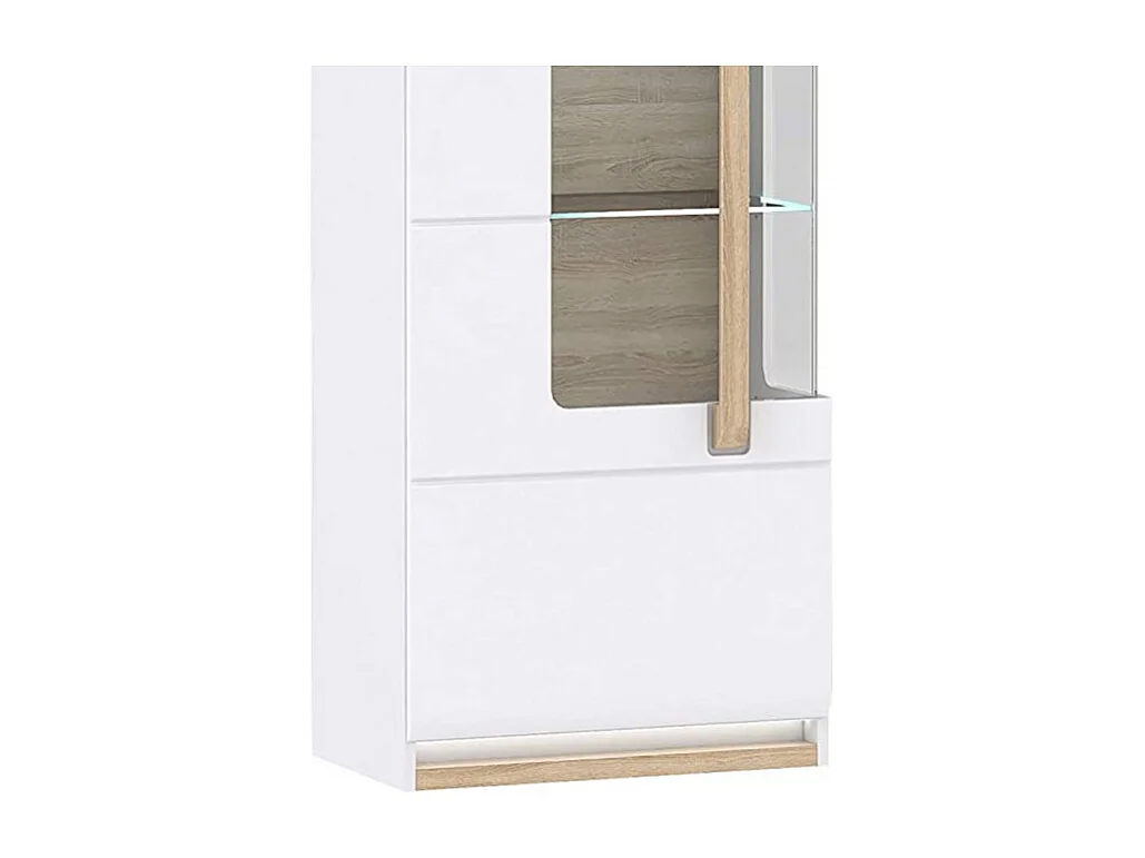 Vitrine 209 cm 1 porte blanc laqué décor bois clair et LED - ALEXIANE