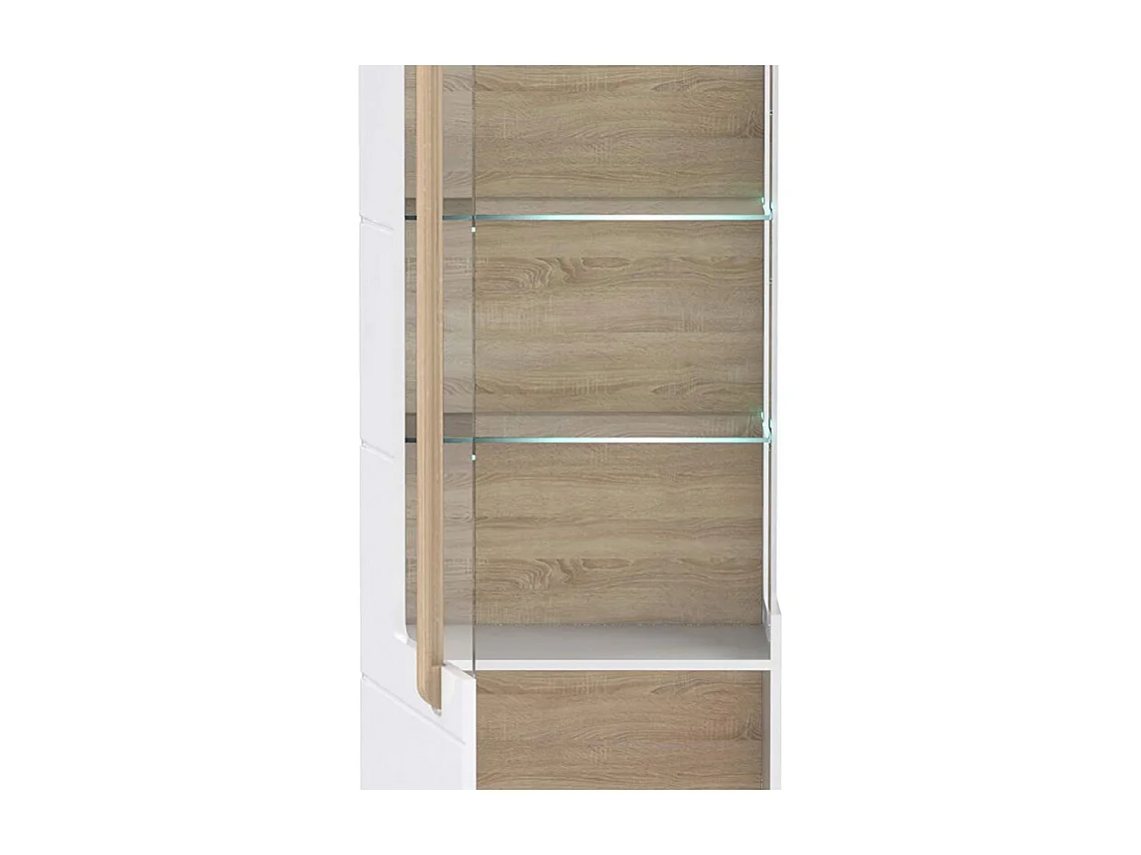 Vitrine 209 cm 1 porte blanc laqué décor bois clair et LED - ALEXIANE