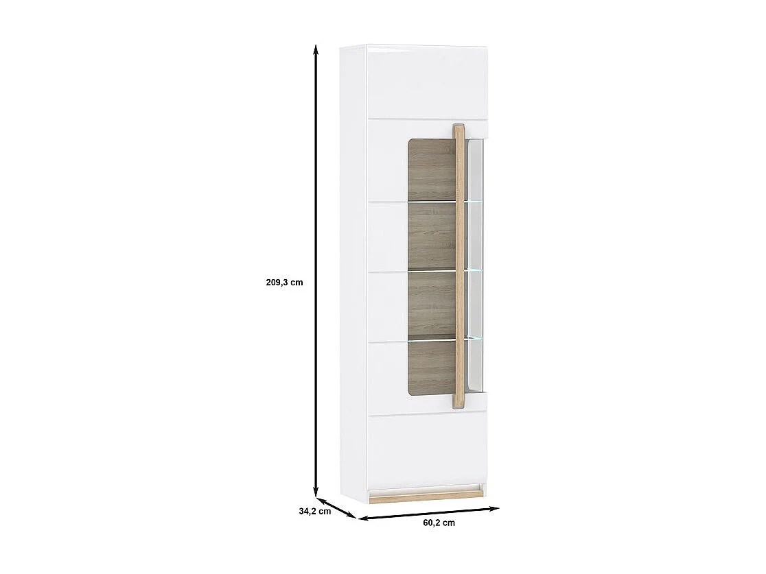 Vitrine 209 cm 1 porte blanc laqué décor bois clair et LED - ALEXIANE