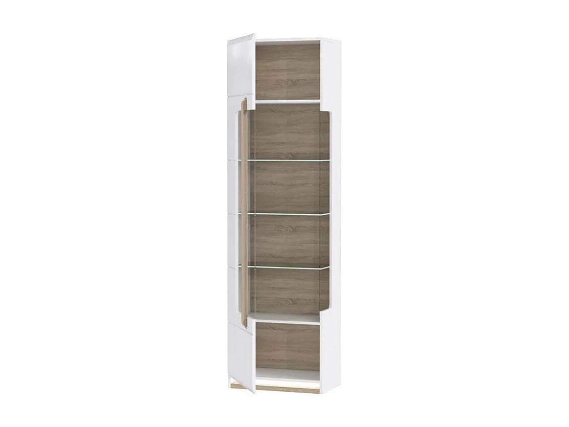 Vitrine 209 cm 1 porte blanc laqué décor bois clair et LED - ALEXIANE