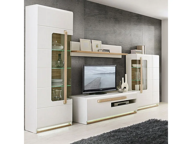 Vitrine 209 cm 1 porte blanc laqué décor bois clair et LED - ALEXIANE