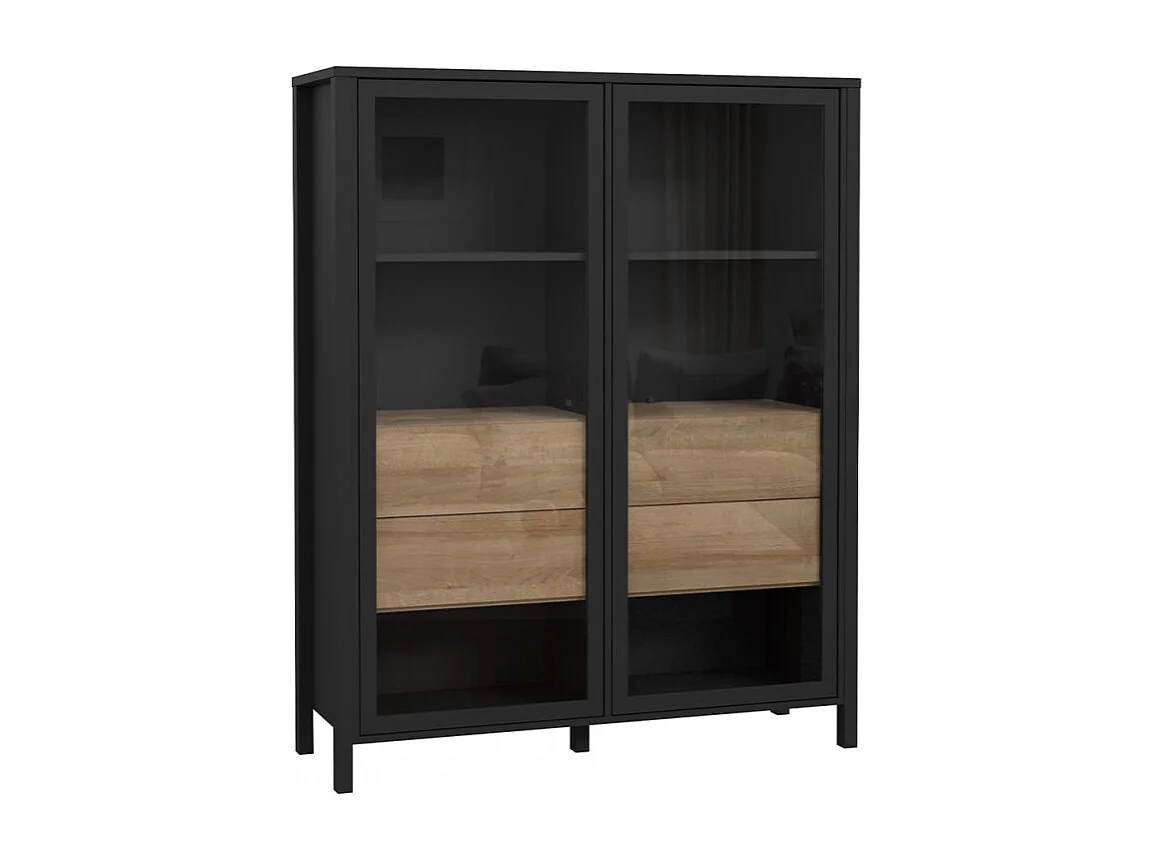 Vitrine 121 cm 2 portes 4 tiroirs décor bois de chêne et noir - MODE