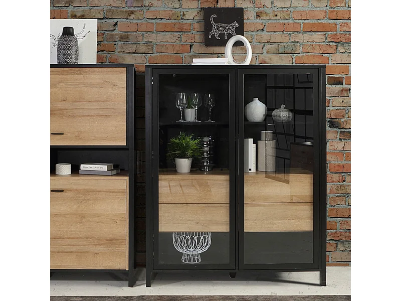 Vitrine 121 cm 2 portes 4 tiroirs décor bois de chêne et noir - MODE