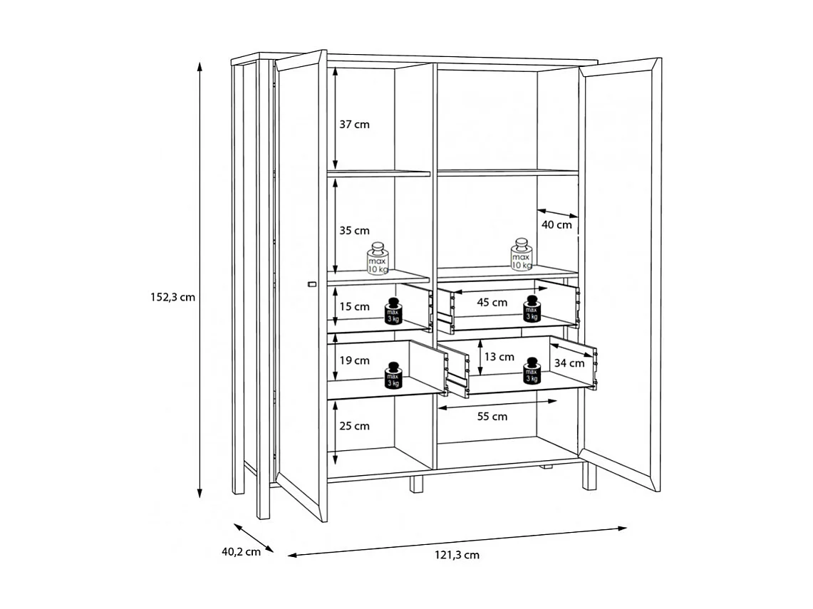 Vitrine 121 cm 2 portes 4 tiroirs décor bois de chêne et noir - MODE
