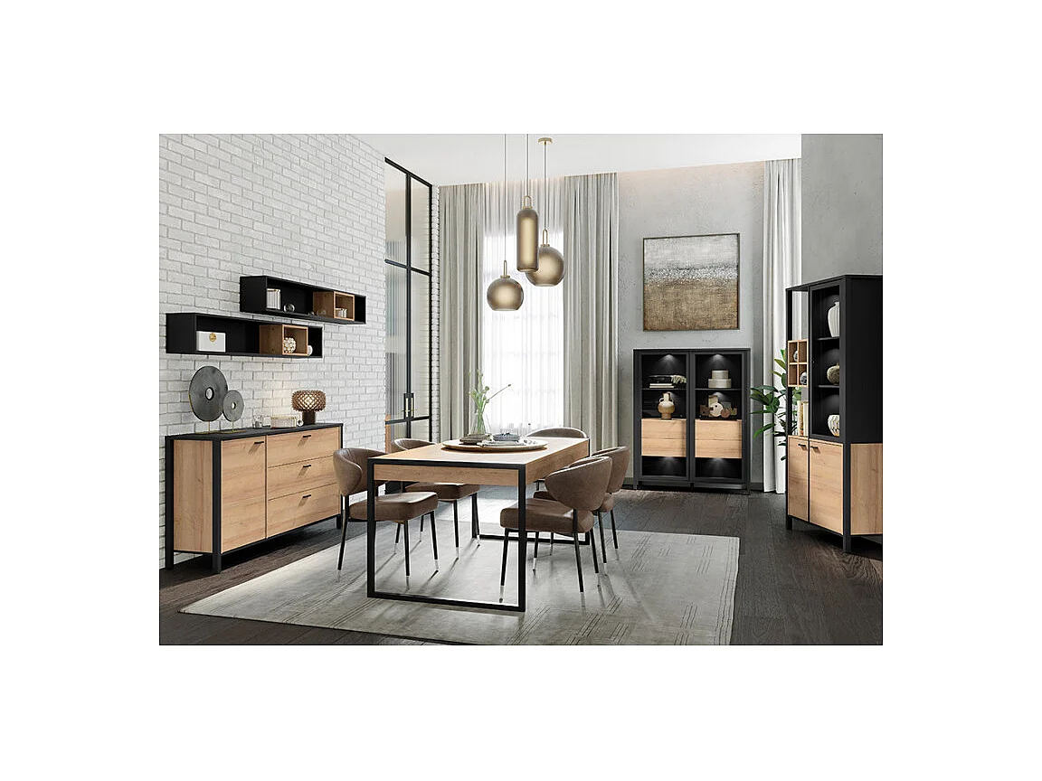 Vitrine 121 cm 2 portes 4 tiroirs décor bois de chêne et noir - MODE