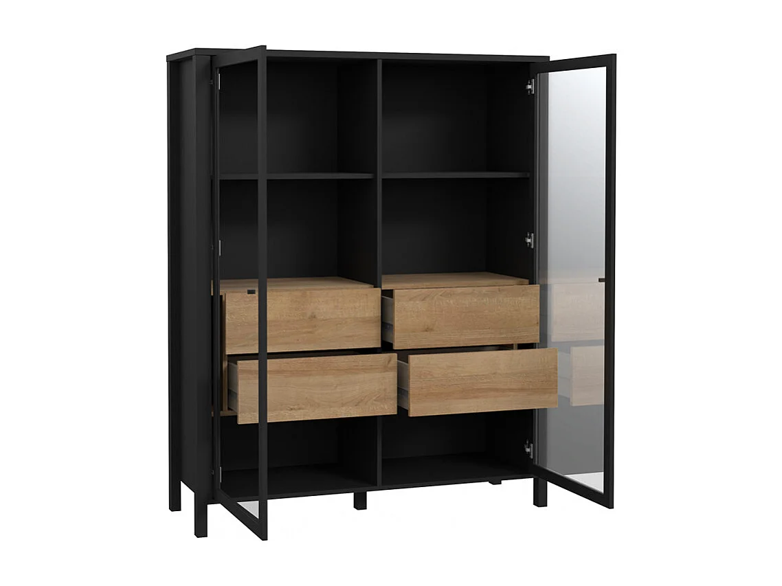 Vitrine 121 cm 2 portes 4 tiroirs décor bois de chêne et noir - MODE