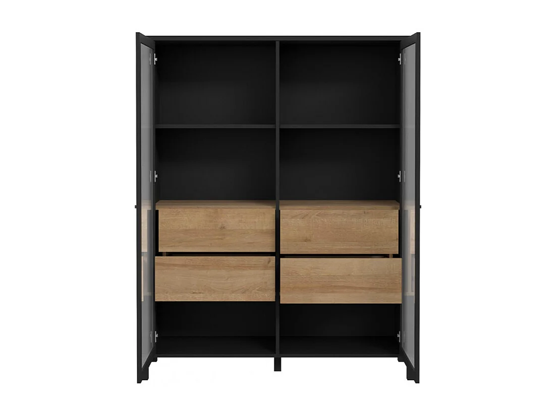 Vitrine 121 cm 2 portes 4 tiroirs décor bois de chêne et noir - MODE