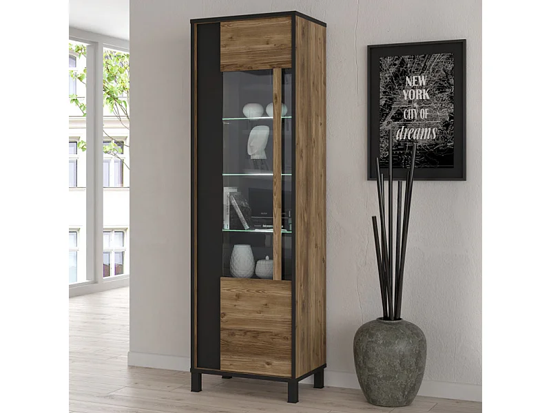 Colonne vitrine 1 porte décor bois et noir pieds noir - CELIA