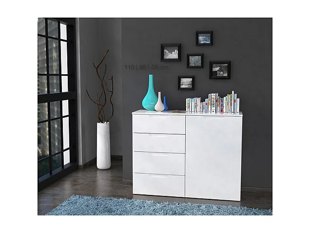 Commode 110 cm blanc laqué et mat 1 porte et 4 tiroirs - PURE