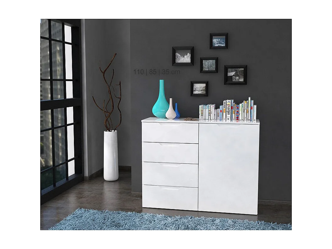 Commode 110 cm blanc laqué et mat 1 porte et 4 tiroirs - PURE