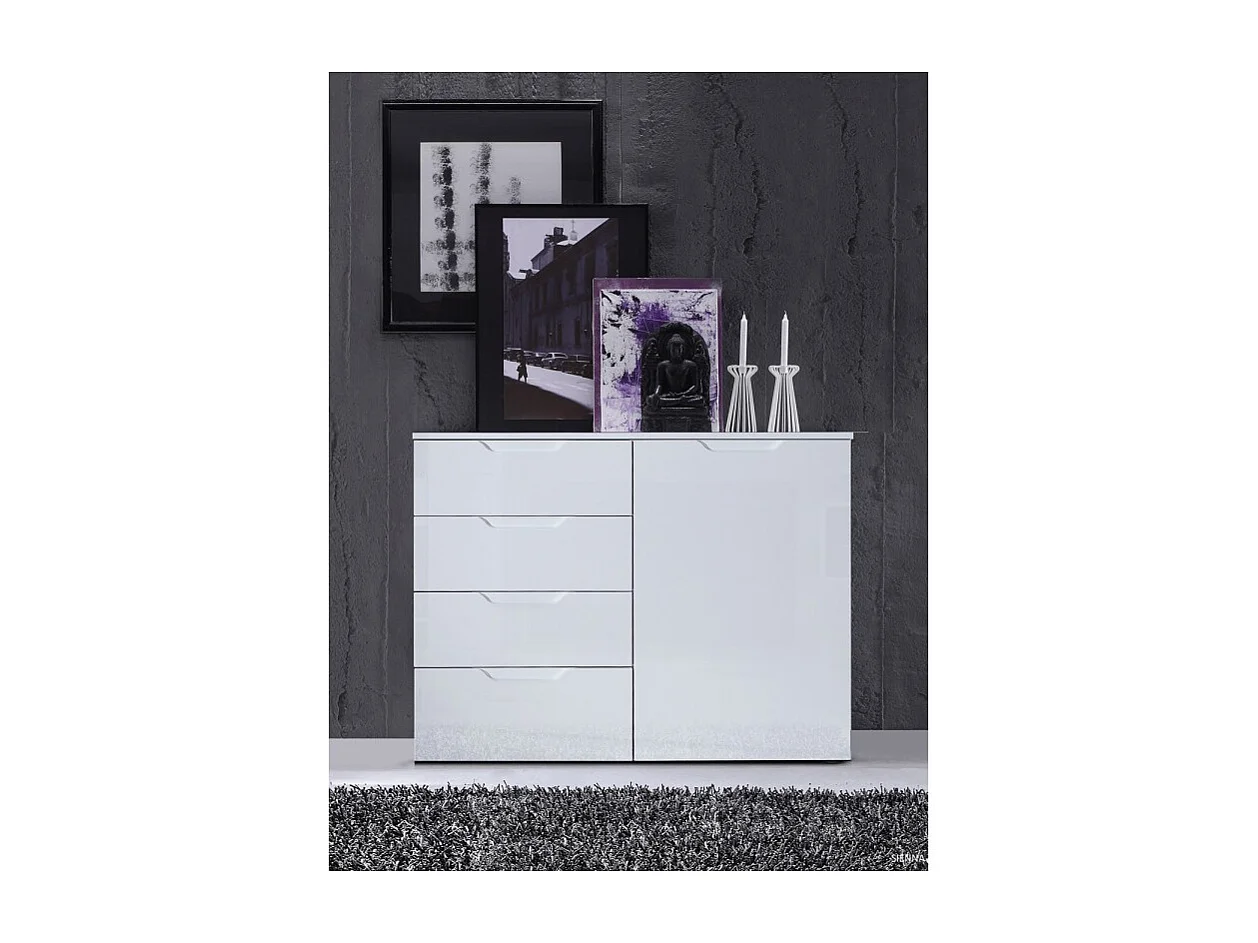 Commode 110 cm blanc laqué et mat 1 porte et 4 tiroirs - PURE