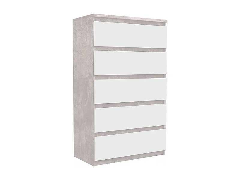Grande commode 5 tiroirs blanc et décor béton gris clair - BENNY