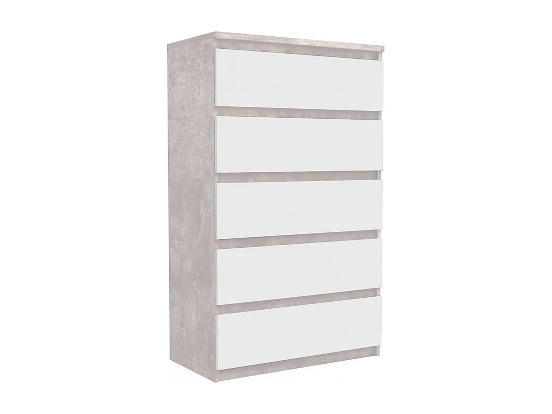 Grande commode 5 tiroirs blanc et décor béton gris clair - BENNY