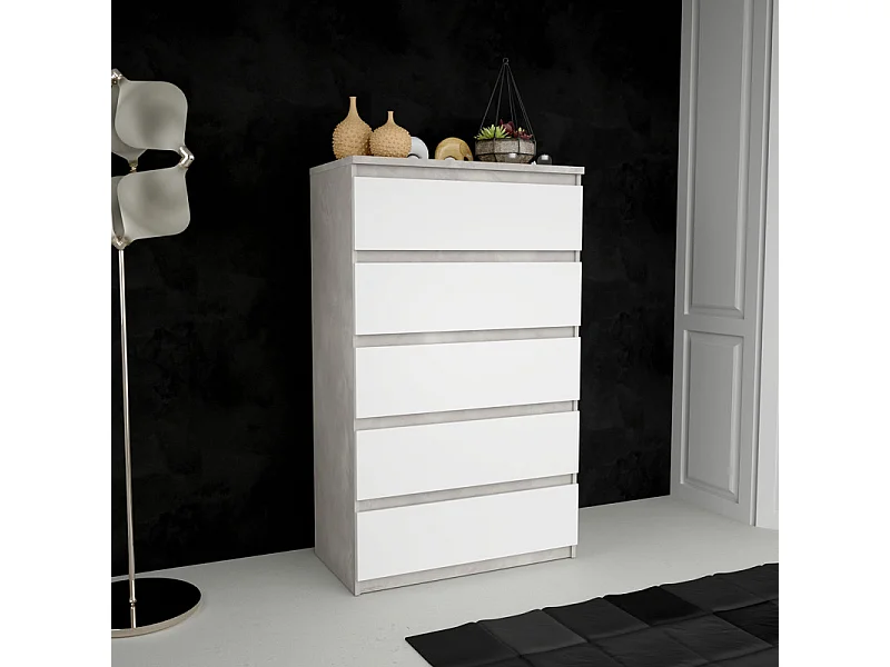 Grande commode 5 tiroirs blanc et décor béton gris clair - BENNY