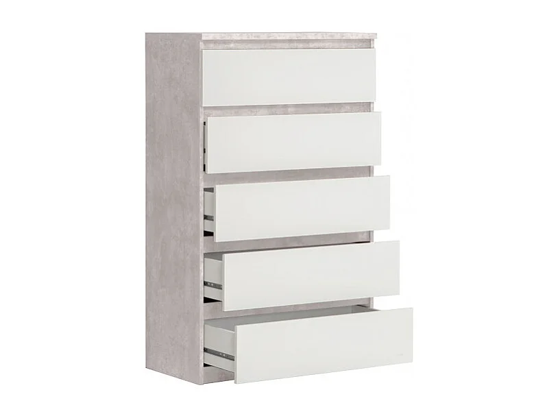 Grande commode 5 tiroirs blanc et décor béton gris clair - BENNY