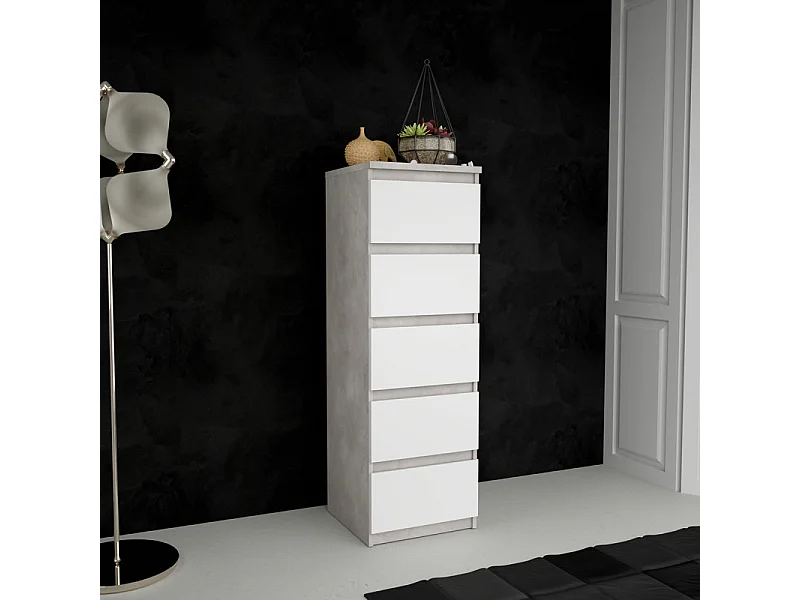 Chiffonnier 5 tiroirs blanc et décor béton gris clair - BENNY