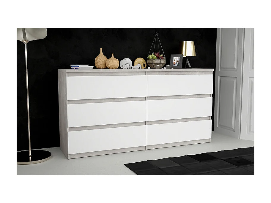 Grande commode 2x3 tiroirs blanc et décor béton gris clair - BENNY