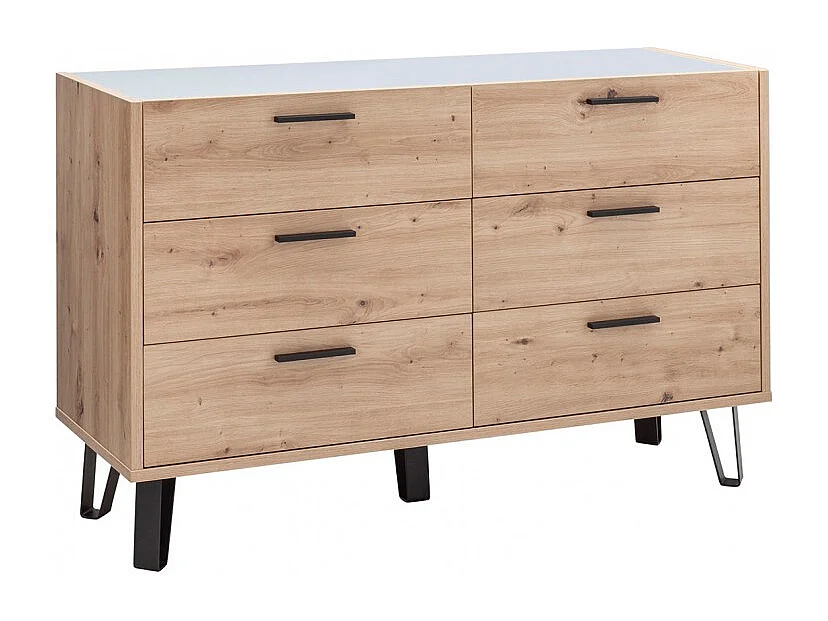 Commode 6 tiroirs décor chêne clair pieds métal noir - MILOS