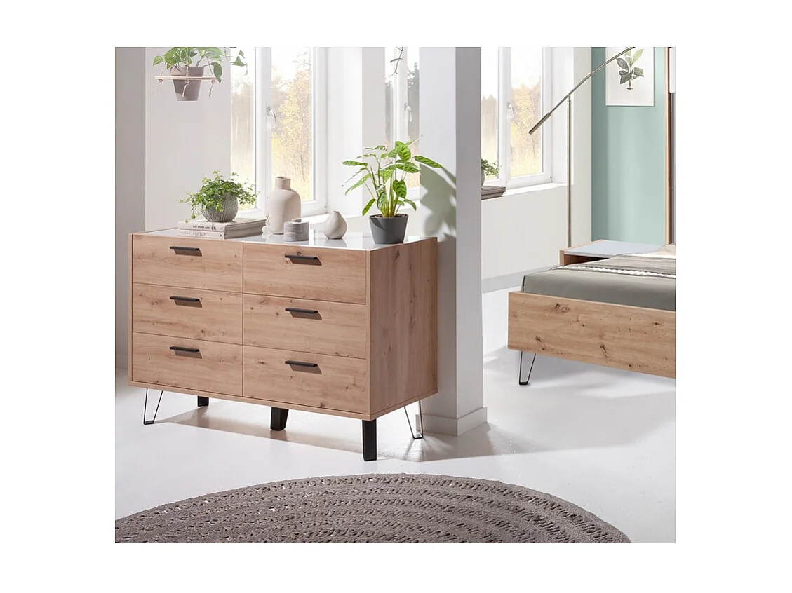 Commode 6 tiroirs décor chêne clair pieds métal noir - MILOS