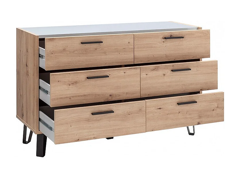 Commode 6 tiroirs décor chêne clair pieds métal noir - MILOS