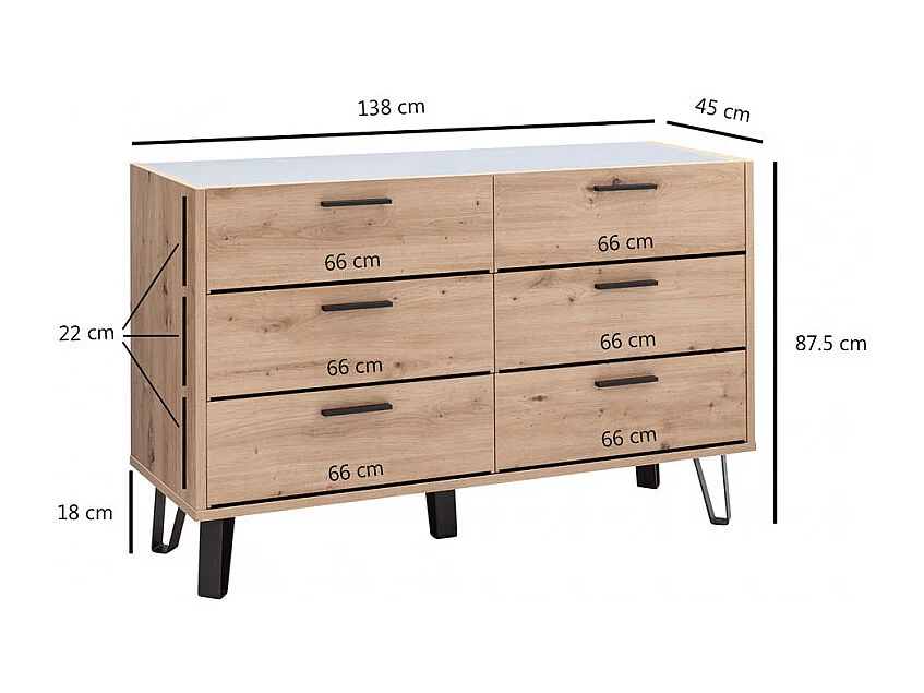 Commode 6 tiroirs décor chêne clair pieds métal noir - MILOS