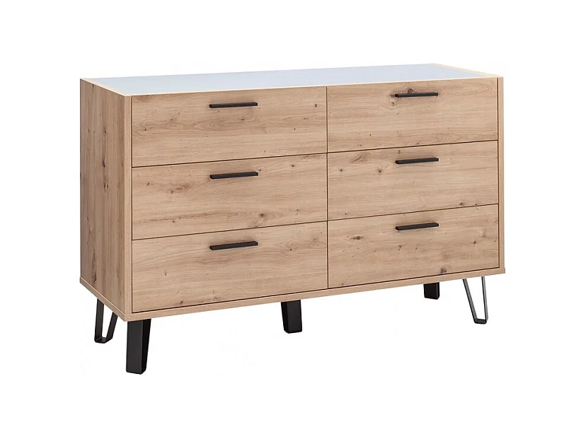 Commode 6 tiroirs décor chêne clair pieds métal noir - MILOS