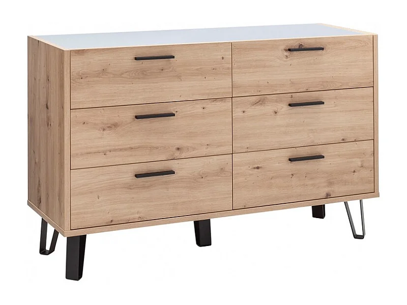 Commode 6 tiroirs décor chêne clair pieds métal noir - MILOS