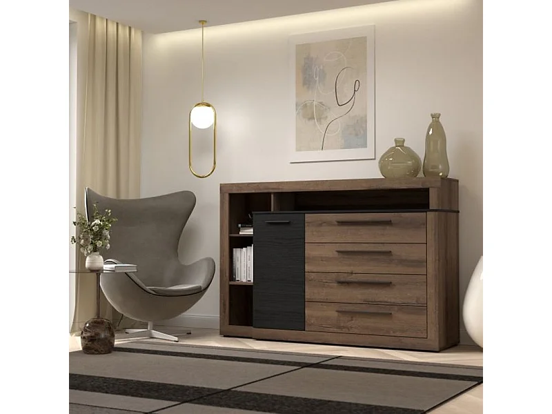 Commode 4 tiroirs 1 porte décor chêne foncé et noir - RIVIERA