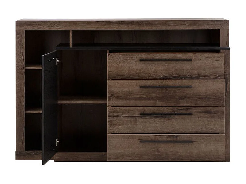 Commode 4 tiroirs 1 porte décor chêne foncé et noir - RIVIERA