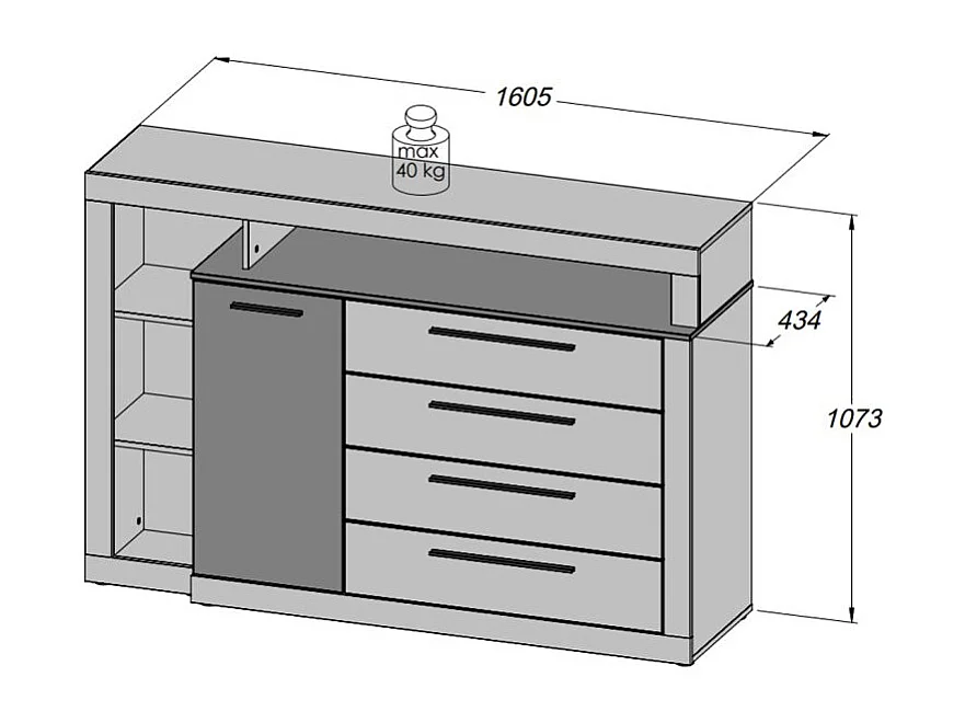 Commode 4 tiroirs 1 porte décor chêne foncé et noir - RIVIERA