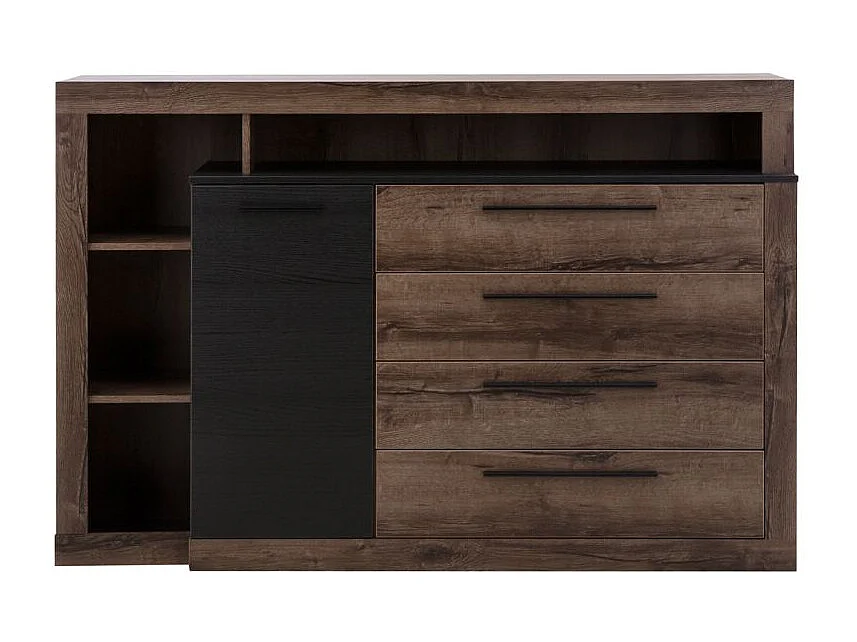 Commode 4 tiroirs 1 porte décor chêne foncé et noir - RIVIERA