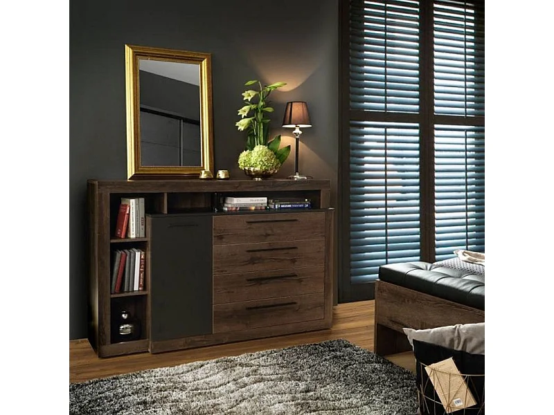 Commode 4 tiroirs 1 porte décor chêne foncé et noir - RIVIERA