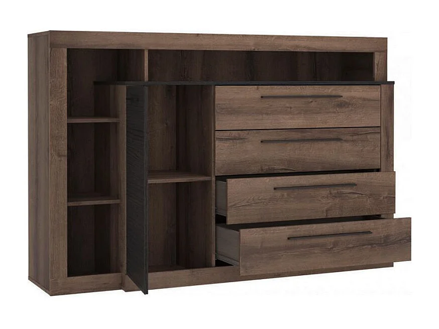 Commode 4 tiroirs 1 porte décor chêne foncé et noir - RIVIERA