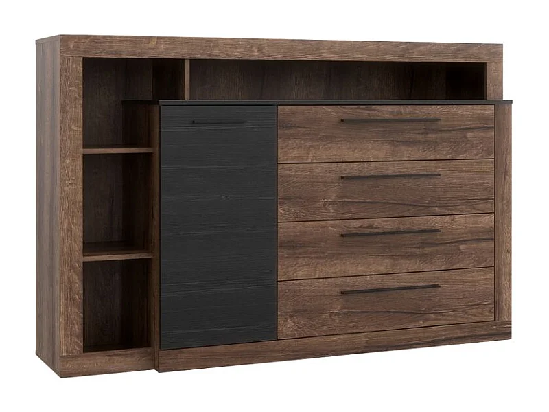 Commode 4 tiroirs 1 porte décor chêne foncé et noir - RIVIERA
