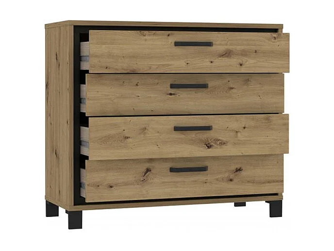 Commode 102 cm 4 tiroirs décor chêne pieds poignées métal noir - ALIA