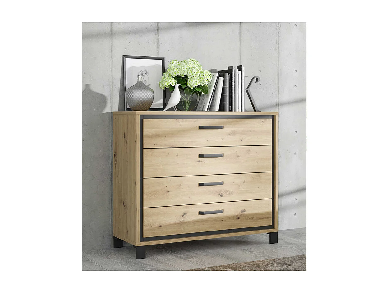 Commode 102 cm 4 tiroirs décor chêne pieds poignées métal noir - ALIA