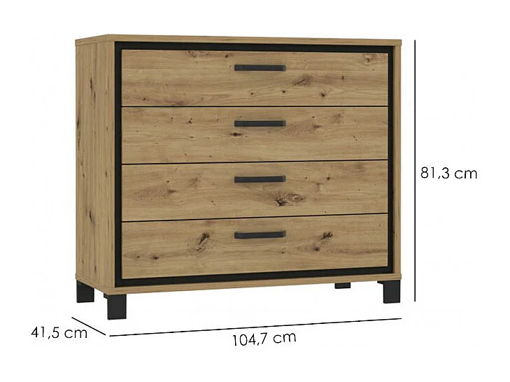 Commode 102 cm 4 tiroirs décor chêne pieds poignées métal noir - ALIA