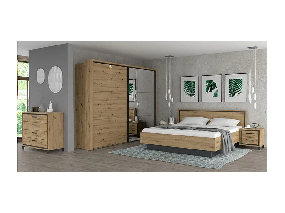 Commode 102 cm 4 tiroirs décor chêne pieds poignées métal noir - ALIA