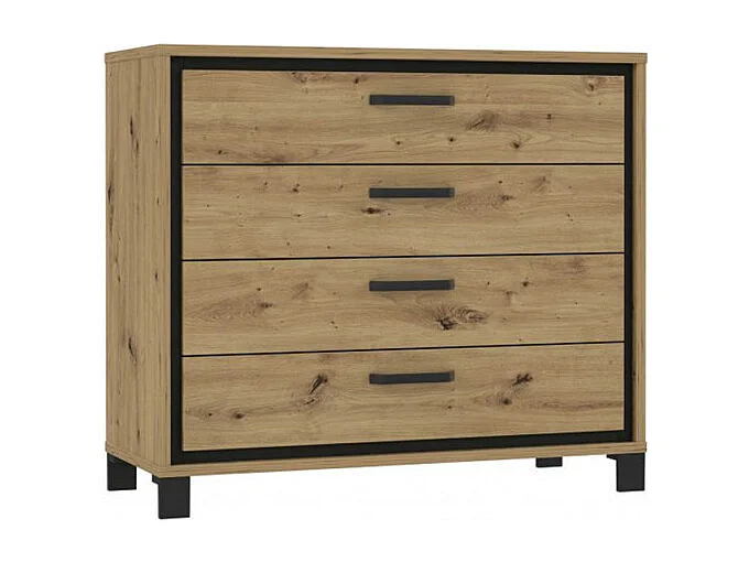 Commode 102 cm 4 tiroirs décor chêne pieds poignées métal noir - ALIA