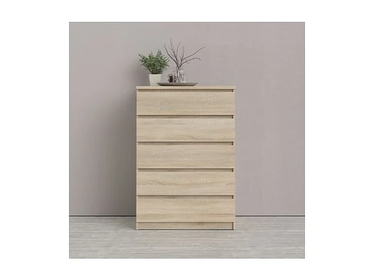 Grande commode 5 tiroirs décor chêne clair texturé - BENNY