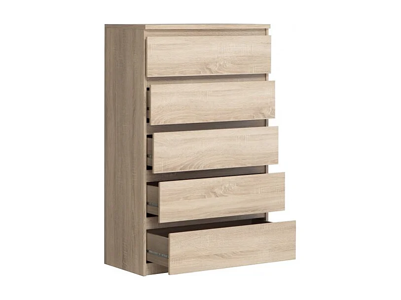 Grande commode 5 tiroirs décor chêne clair texturé - BENNY