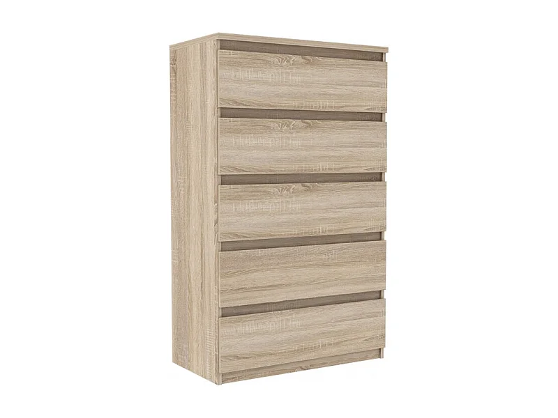 Grande commode 5 tiroirs décor chêne clair texturé - BENNY