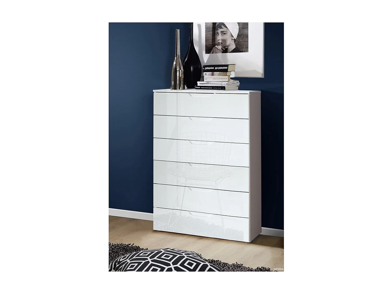 Chiffonnier H. 117 cm 6 tiroirs blanc laqué et mat - PURE