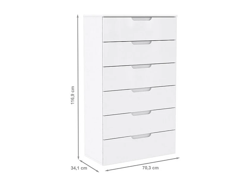 Chiffonnier H. 117 cm 6 tiroirs blanc laqué et mat - PURE