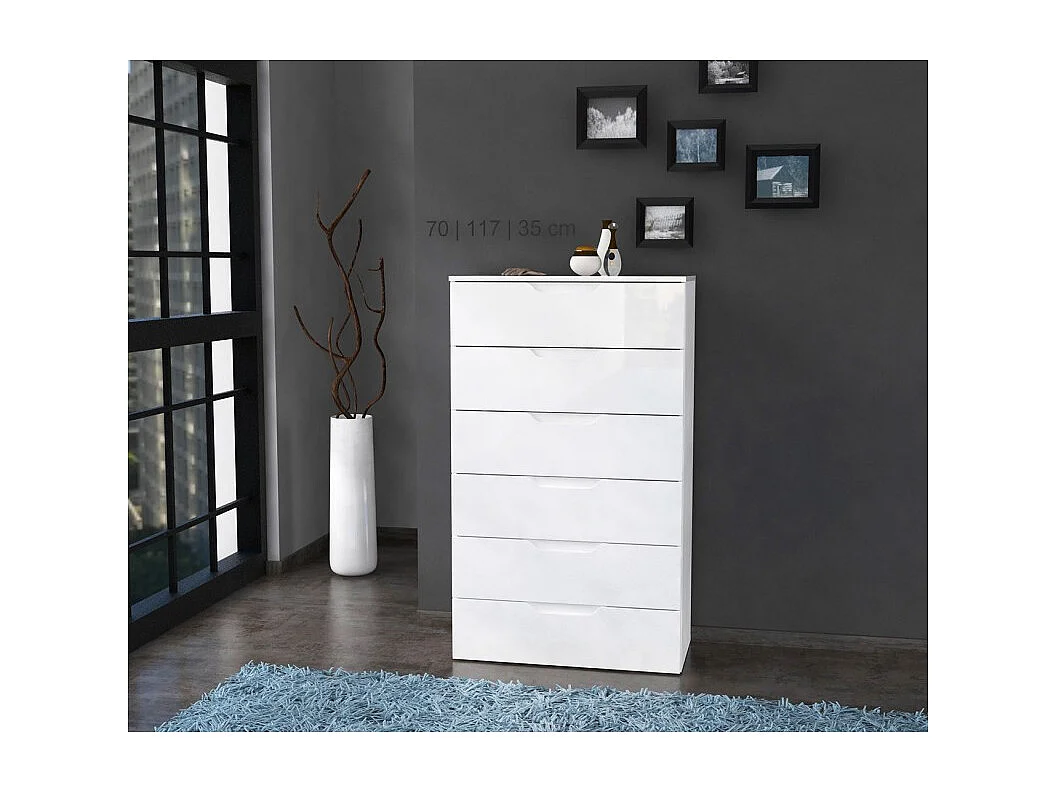 Chiffonnier H. 117 cm 6 tiroirs blanc laqué et mat - PURE