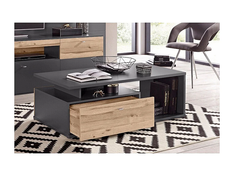 Table basse 120 cm 2 tiroirs décor chêne clair et gris - MARBELLA