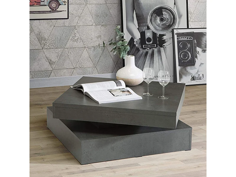 Table basse carrée plateau rotatif décor béton gris anthracite – WILLO