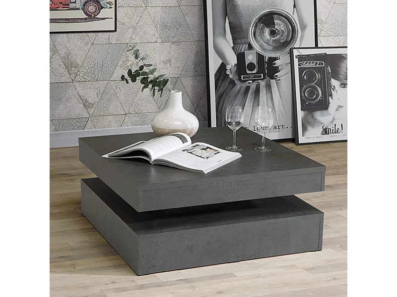 Table basse carrée plateau rotatif décor béton gris anthracite – WILLO